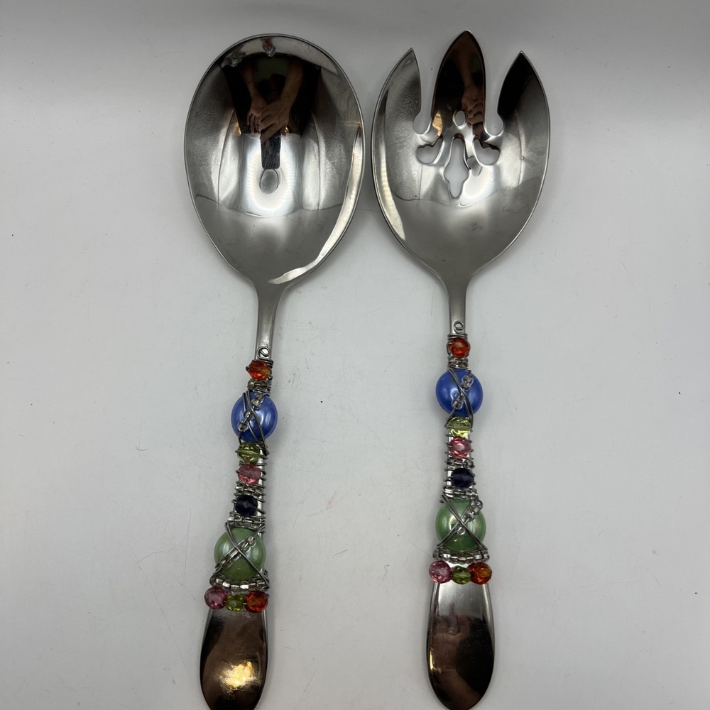 Vintage Gorham 18/10 Stainless Steel Wire Wrapped Beaded Salad Serving Set 2 pc